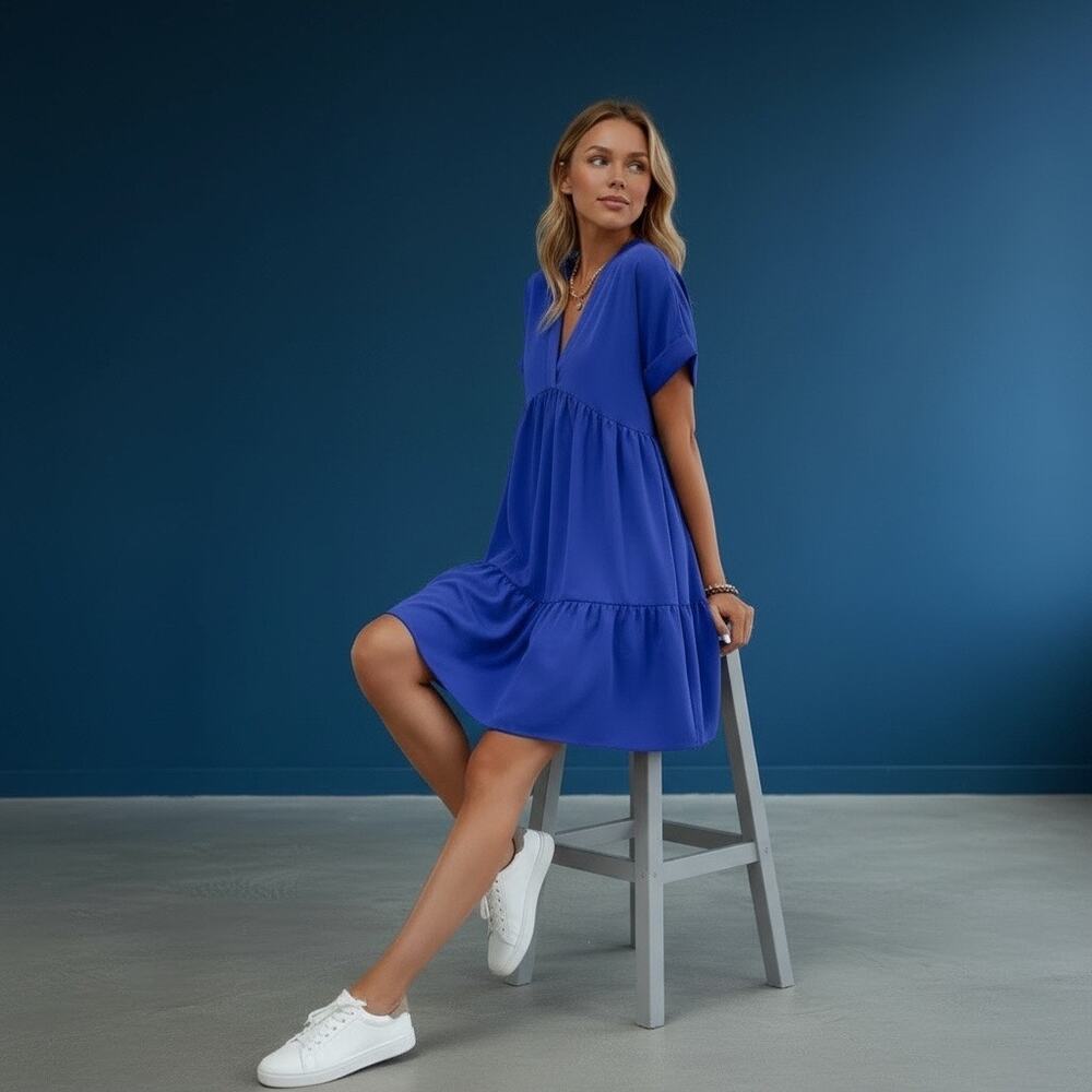 Extra small Royal Blue Flirty V-neck short sleeve ruffle mini babydoll dress